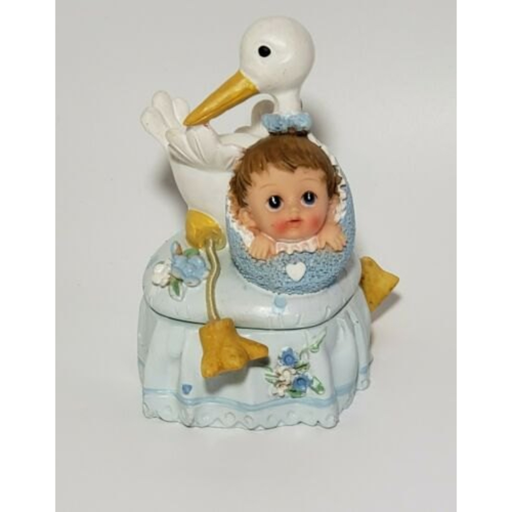 Stork With Baby Boy Blue Resin Trinket Keepsake Box Baby Shower Gift